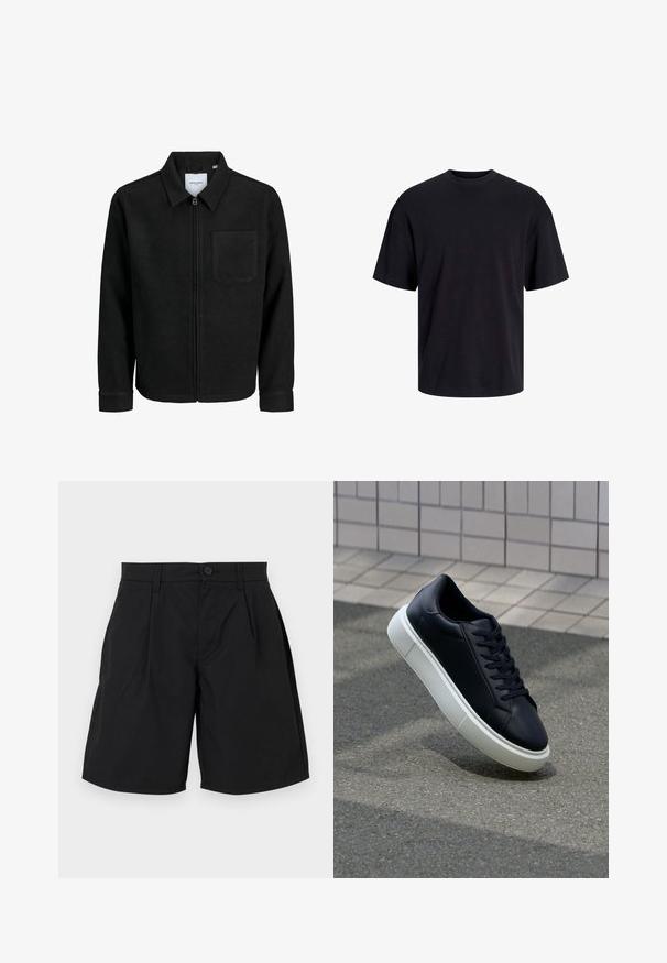 Schwarze Zip-Jacke mit Kragen und einer einzelnen Brusttasche, auf weißem Hintergrund präsentiert.; Schwarzes Baumwoll-T-Shirt mit Rundhalsausschnitt, kurzen Ärmeln und lässiger Passform. Glatte Oberflächenstruktur und keine sichtbaren Muster oder Akzente.; Schwarze Shorts aus glattem Stoff, mit Knopfverschluss, zwei vorderen Falten und seitlichen Taschen, mit lockerer Passform und geradem Saum.; Schwarze Leder-Sneaker mit runder Zehenpartie und weißer Gummisohle. Verfügt über flache Schnürsenkel und minimale Nähte im Obermaterial. Strukturiertes Sohlenprofil für besseren Halt.