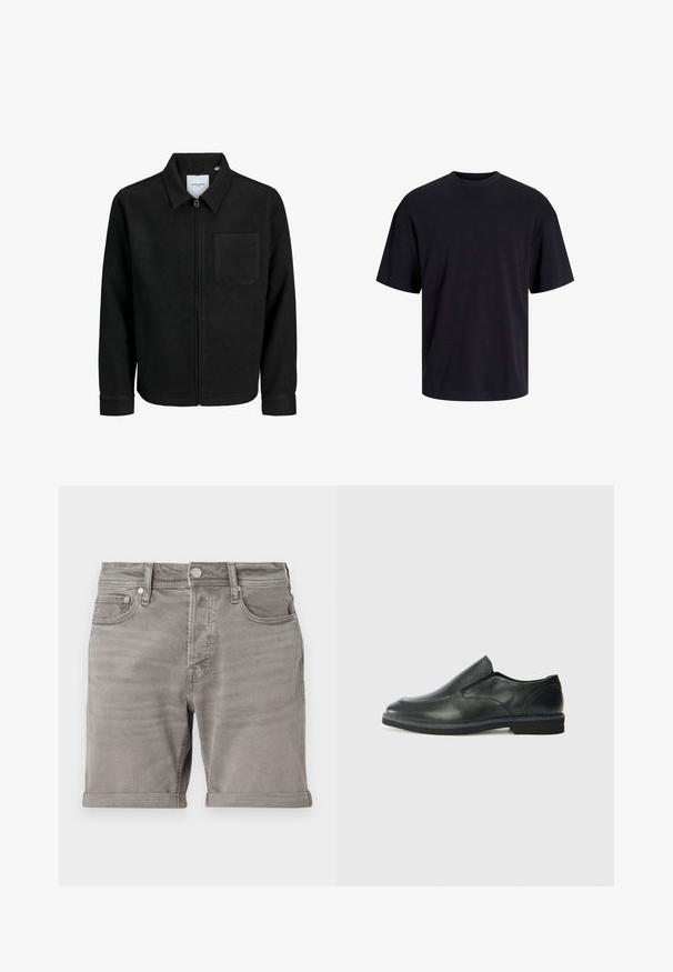 Musta vetoketjullinen takki, jossa on kaulus ja yksi rintatasku, esitelty valkoista taustaa vasten.; Musta puuvillapaita, jossa on pyöreä kaula-aukko, lyhyet hihat ja rento muotoilu. Yksinkertainen ja sileä pinta, ilman näkyviä kuvioita tai koristeita.; Harmaat farkkushortsit, joissa on klassinen viiden taskun muotoilu, käännetty helma ja metallinen nappisuljenta. Silkkinen pinta ja hienovarainen haalistuminen.; Musta nahkainen liukujalkine, jossa on sileä pinta, ommeltuja yksityiskohtia, pyöristetty kärki ja matala kumipohja. Pohjassa on minimaalinen pito.