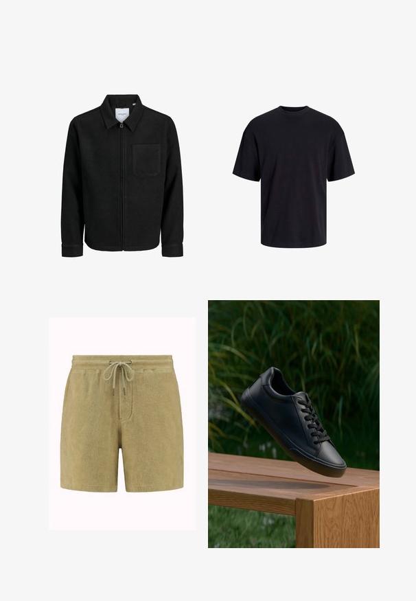 Fekete, zipzáros dzseki gallérral és egyetlen mellzsebbel, fehér háttéren.; Fekete pamut póló, kerek nyakkivágással, rövid ujjú és laza fazonú. Simább anyagú, látható minták vagy díszítések nélkül.; Puha, olíva zöld szövetből készült törölközőnadrág. Az derékrészén húzózsinór található fém végződésekkel, oldalsó zsebekkel és laza illeszkedéssel rendelkezik.; Fekete bőr sneaker sima textúrával, kerek orral és lapos cipőfűzővel, egy fa felület felett helyezkedik el, a háttérben zöld fűvel.