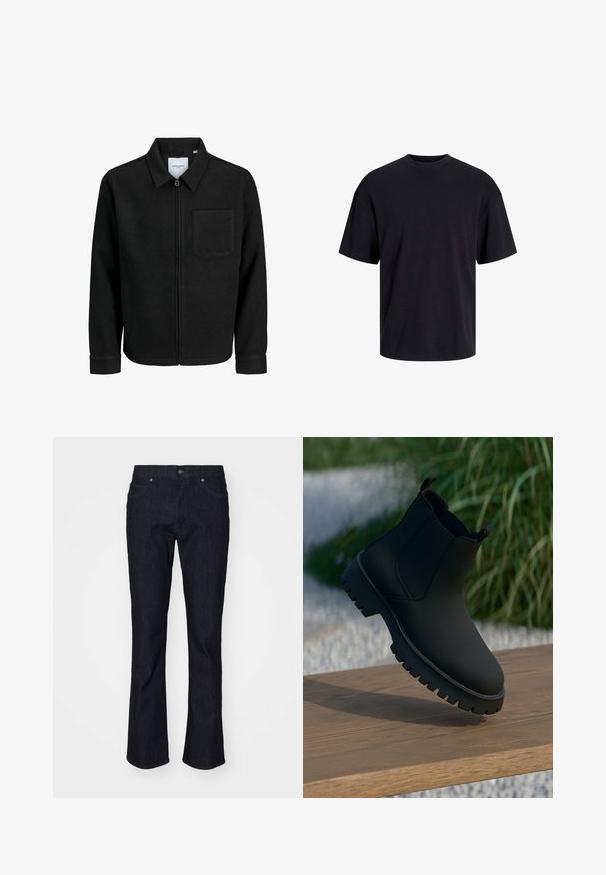 Juodas džemperis su užtrauktuku, apykakle ir vienu krūtiniu kišenėje, pristatytas baltame fone.; Juodas medvilninis marškinėlis su apvaliu iškirpimu, trumpomis rankovėmis ir laisvu siluetu. Glotni tekstūra, be matomų raštų ar akcentų.; Tamsi džinsinio audinio kelnės su tiesiu siluetu, turinčios klasiką keturių kišenių stilių ir subtilų siuvinėjimą. Įtraukti metaliniai mygtukai ir naktis.; Juodos kulkšninių botų, su lygia apdaila, elastingomis šoninėmis juostomis ir stora, tvirta padu. Sufokusuoti gamtos fone ant medinės dangos.