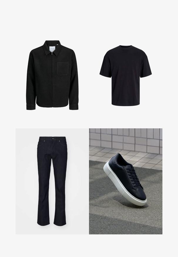 Mustaga lukuga jakker, millel on krae ja üks rinna-tasku, esitatud valgel taustal.; Must must on mustre, lühikeste varrukatega ja vabalt langev. Sile tekstuur ja ilma nähtavate mustrite või aktsentideta.; Tumedad denim püksid sirge säärega disainiga, klassikalise nelja tasku stiiliga ja diskreetse õmblusega. Metallsõlm ja nurgad on lisatud.; Mustast nahast tennisetoss, millel on ümar nina ja valge kummist tall. Omab siredaid paelu ja minimaalset õmblemist ülemises osas. Tekstuuriga tald, mis tagab haakuvuse.