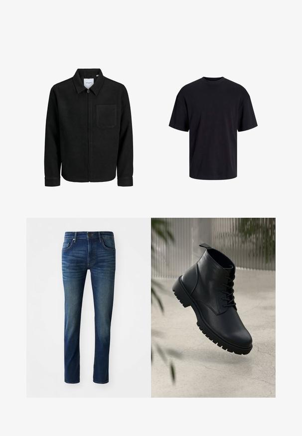 Musta vetoketjullinen takki, jossa on kaulus ja yksi rintatasku, esitelty valkoista taustaa vasten.; Musta puuvillapaita, jossa on pyöreä kaula-aukko, lyhyet hihat ja rento muotoilu. Yksinkertainen ja sileä pinta, ilman näkyviä kuvioita tai koristeita.; Tummansininen farkkulegginsit, joissa on kapea istuvuus. Niissä on viisi taskua, etupainike ja hienovarainen kulunut tekstuuri lahkeissa.; Mustat nahka nilkkurit, joissa on pyöreä kärki, nauhakiinnitys ja kova kumipohja. Sujuva pinta, jossa on vetoketju takana.