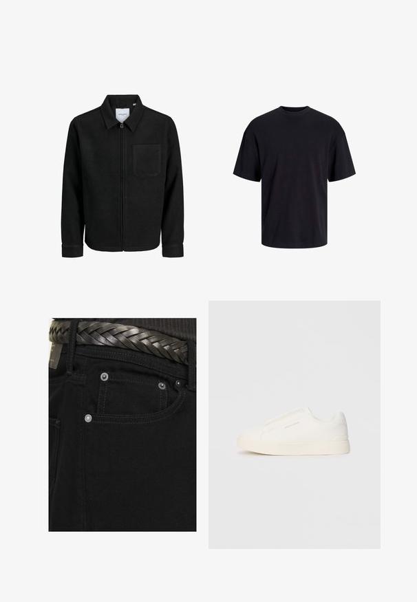 Black zip-up jacket with collar and single chest pocket, displayed on white background.; Black cotton t-shirt with a crew neckline, short sleeves, and a relaxed fit. Smooth texture and no visible patterns or accents.; Jack & Jones JJIALEX JJORIGINAL - Baggy Jeans - black; White slip-on sneakers with a textured surface, a thick sole, and minimalistic design. Features brand logo on the side.