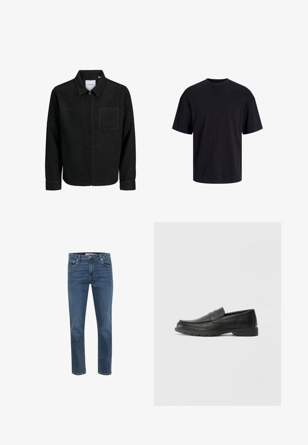 Črna jakna z zadrgo in ovratnikom ter enim žepom na prsih, prikazana na beli podlagi.; Črna bombažna majica s krojačkom izrezom, kratkimi rokavi in sproščenim krojem. Gladka tekstura in brez vidnih vzorcev ali poudarkov.; Denim jeans v temno modri barvi s ravnim krojem, petimi žepi in kontrastnim šivom. Imajo zadrgo in kovinsko gumb na pasu.; Črne usnjene loafer čevlje z gladko površino, zgornjim delom v slogu mokasin, šivanimi detajli in gumijastim podplatom. Klasična zasnova z nizko peto.