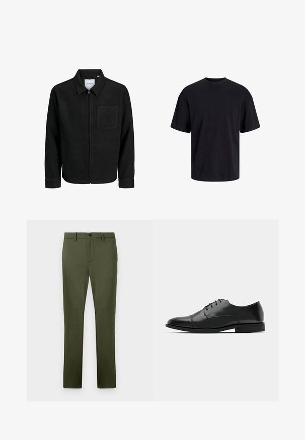 Mustaga lukuga jakker, millel on krae ja üks rinna-tasku, esitatud valgel taustal.; Must must on mustre, lühikeste varrukatega ja vabalt langev. Sile tekstuur ja ilma nähtavate mustrite või aktsentideta.; Oliivrohelised püksid, mis on valmistatud siledast kangast, otse lõikega, esikülje Taskutega ning ühe nupuga kinnitusega. Minimalistlikud disainielemendid.; Must must esine tugeva varbaga, luku kinnitusega, peente õmblustete detailidega ja madala kontsaga. Sile tekstuur ja poleeritud viimistlus.