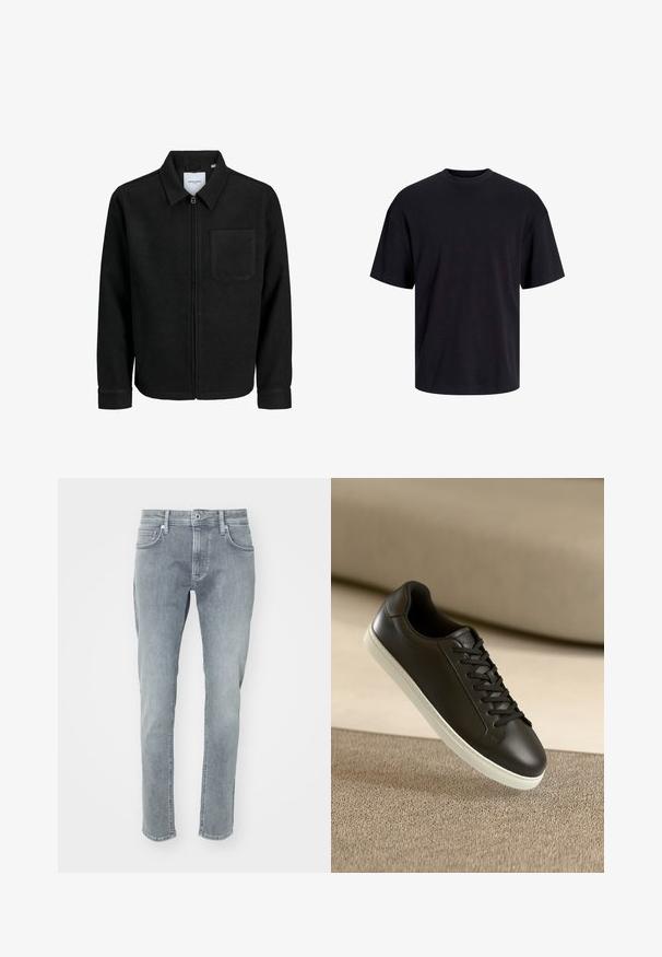 Črna jakna z zadrgo in ovratnikom ter enim žepom na prsih, prikazana na beli podlagi.; Črna bombažna majica s krojačkom izrezom, kratkimi rokavi in sproščenim krojem. Gladka tekstura in brez vidnih vzorcev ali poudarkov.; Svetlosivi jeans iz denima s ravnim krojem, z zadrgo, petimi žepi in subtilnimi gubami na sprednji strani.; Črne usnjene superge z belo gumijasto podplatom in črnimi vezalkami, postavljene na bež tkaninsko površino in ozadje.
