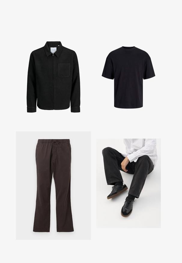 Black zip-up jacket with collar and single chest pocket, displayed on white background.; Black cotton t-shirt with a crew neckline, short sleeves, and a relaxed fit. Smooth texture and no visible patterns or accents.; Dark brown elastic waist pants with a drawstring, featuring a straight leg design and smooth, textured fabric.; Black sneakers with a smooth and textured upper, featuring a rubber sole and dark laces. Paired with black jeans and a white striped shirt.