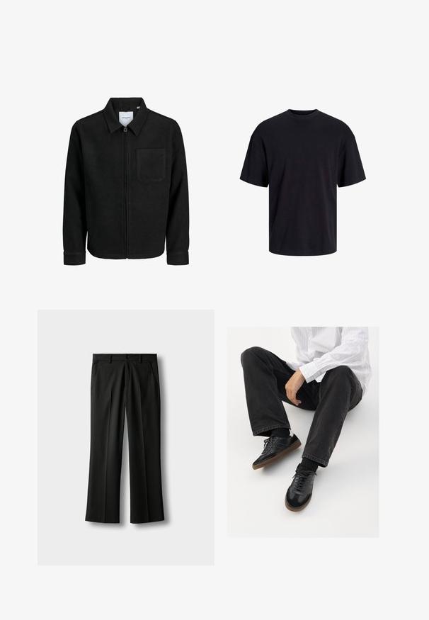 Mustaga lukuga jakker, millel on krae ja üks rinna-tasku, esitatud valgel taustal.; Must must on mustre, lühikeste varrukatega ja vabalt langev. Sile tekstuur ja ilma nähtavate mustrite või aktsentideta.; Mustad kohandatud püksid vööaasadega, eesnupuga ja lukuga, küljetaskutega ning voltidega jalgadel heledal taustal.; Mustad spordijalatsid siledast ja tekstuurilisest ülemisest osast, millel on kummist tald ja tumedad nöörid. Kombineeritud mustade teksade ja valge triibulise särgiga.