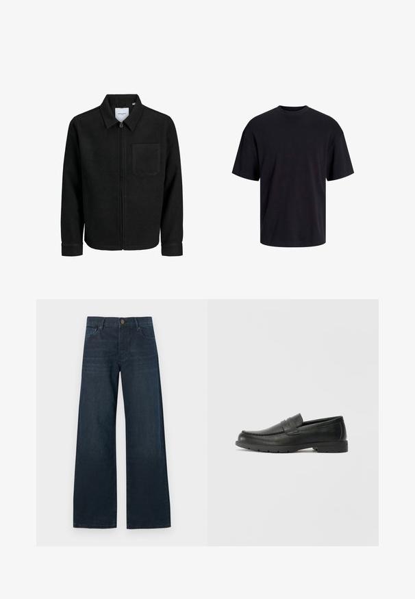 Schwarze Zip-Jacke mit Kragen und einer einzelnen Brusttasche, auf weißem Hintergrund präsentiert.; Schwarzes Baumwoll-T-Shirt mit Rundhalsausschnitt, kurzen Ärmeln und lässiger Passform. Glatte Oberflächenstruktur und keine sichtbaren Muster oder Akzente.; Dunkelblaue weiter Beinform Jeans mit einer glatten Denim-Oberfläche, ausgestattet mit einem Frontknopfverschluss, Gürtelschlaufen und einem Fünf-Taschen-Design.; Schwarze Lederloafers mit glatter Oberfläche, Mokassin-oberteil, genähten Details und Gummisohle. Klassisches Design mit niedrigem Absatz.