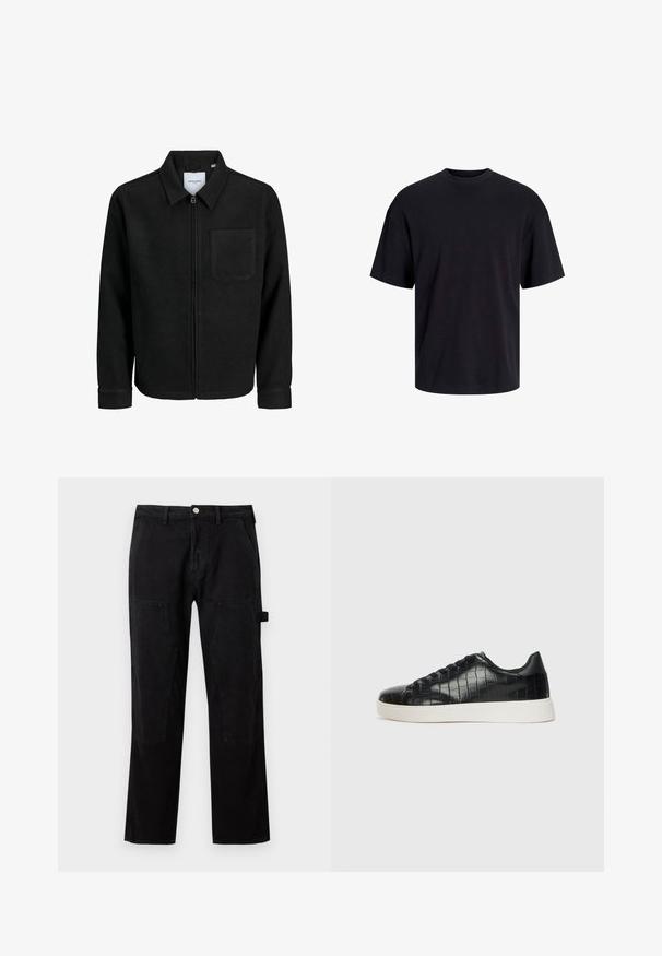 Giacca nera con zip, colletto e una tasca sul petto, mostrata su sfondo bianco.; T-shirt in cotone nero con collo rotondo, maniche corte e vestibilità morbida. Texture liscia senza pattern o dettagli visibili.; Pantaloni neri in cotone con gamba dritta, caratterizzati da dettagli con toppe alle ginocchia, chiusura con bottone e tasche laterali. Texture liscia, design minimal.; Sneaker nere con una toma superiore in pelle con effetto croc embossato, punta rotonda e suola in gomma bianca a contrasto con una finitura liscia.