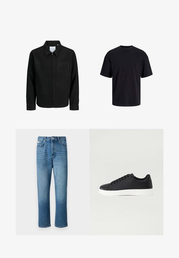 Fekete, zipzáros dzseki gallérral és egyetlen mellzsebbel, fehér háttéren.; Fekete pamut póló, kerek nyakkivágással, rövid ujjú és laza fazonú. Simább anyagú, látható minták vagy díszítések nélkül.; Világoskék farmernadrág egyenes szabásban, gombos záródással, öt zsebbel és enyhe kopással a combokon és az alján.; Pier One Sportcipő - black