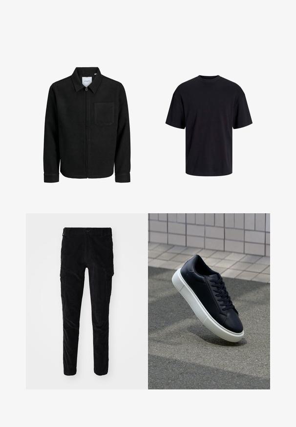 Schwarze Zip-Jacke mit Kragen und einer einzelnen Brusttasche, auf weißem Hintergrund präsentiert.; Schwarzes Baumwoll-T-Shirt mit Rundhalsausschnitt, kurzen Ärmeln und lässiger Passform. Glatte Oberflächenstruktur und keine sichtbaren Muster oder Akzente.; Schwarze Cordhosen im Slim-Fit, mit Cargo-Taschen an den Seiten und einer glatten Textur. Abgeschlossen mit einem klassischen Knopf und einem Reißverschluss.; Schwarze Leder-Sneaker mit runder Zehenpartie und weißer Gummisohle. Verfügt über flache Schnürsenkel und minimale Nähte im Obermaterial. Strukturiertes Sohlenprofil für besseren Halt.