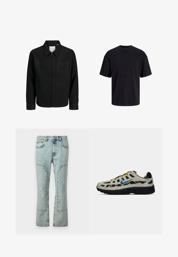 Črna jakna z zadrgo in ovratnikom ter enim žepom na prsih, prikazana na beli podlagi.; Črna bombažna majica s krojačkom izrezom, kratkimi rokavi in sproščenim krojem. Gladka tekstura in brez vidnih vzorcev ali poudarkov.; Svetlo modri kavbojski pajkice s ravnim krojem, ki imajo nalepkaste žepe in kontrastno šivanje. Tkanina ima bleden videz.; Bež in črne Nike P-6000 superge z modrim logotipom, rumenimi vezalkami, črnim podplatom in oznako iz Cordura tkanine na peti.