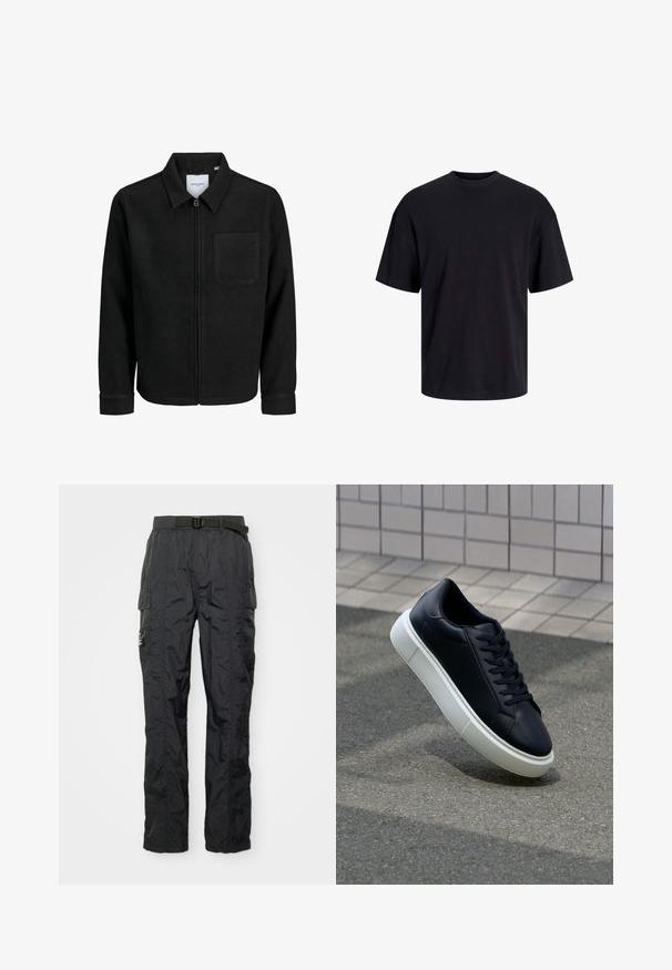Melna jaka ar rāvējslēdzēju un apkakli, vienu krūšu kabatu, parādīta uz baltas fona.; Melns kokvilnas T-krekls ar apaļu kakla izgriezumu, īsām piedurknēm un brīvu piegriezumu. Gluda tekstūra un nav redzamu rakstu vai akcentu.; Melnas cargo bikses ar vieglu, teksturētu audumu. Iezīmes ietver jostu, sānu kabatas un šuvju detaļas. Regulāra piegriezuma.; Melnas ādas kedas ar noapaļotu pirkstu un baltu gumijas zoli. Iespējas - plakanas šņorītes un minimāla apdare augšdaļā. Struktūrēta zole, lai nodrošinātu saķeri.