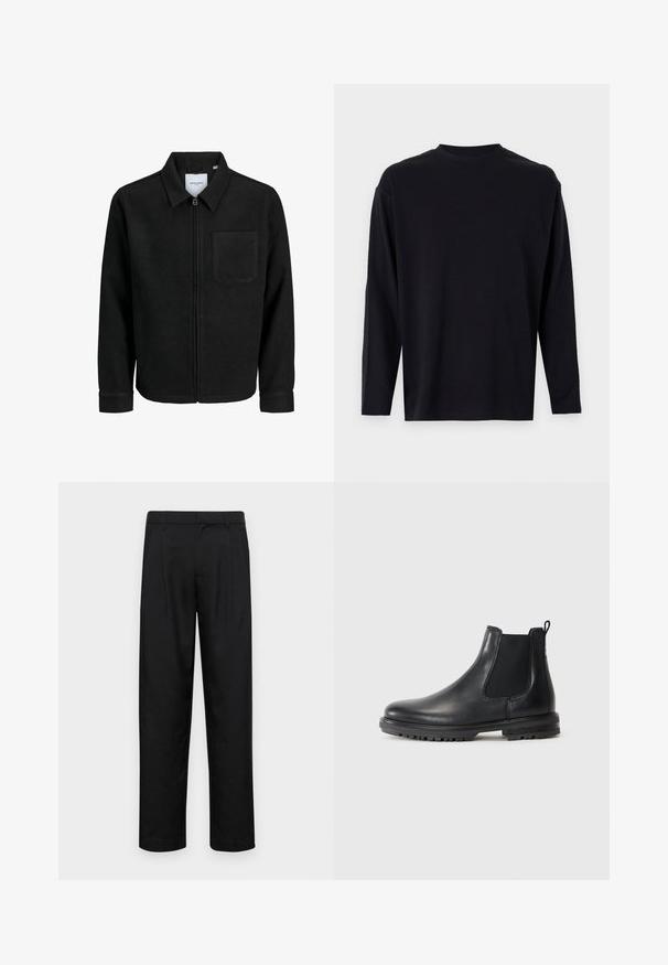 Jachetă neagră cu fermoar, cu guler și un singur buzunar pe piept, expusă pe fundal alb.; Tricou negru cu maneci lungi, realizat dintr-un material neted. Are un guler tip crew, croială lejeră și nu prezintă modele sau embellismente vizibile.; Pantaloni negri dintr-un material neted, cu un design drept, două pliuri frontale și un tiv standard cu bucle pentru curea.; Cizmă Chelsea din piele neagră, cu panouri elastice laterale, ghidaj pentru tragere, vârf rotunjit și talpă robustă cu striații pentru aderență.
