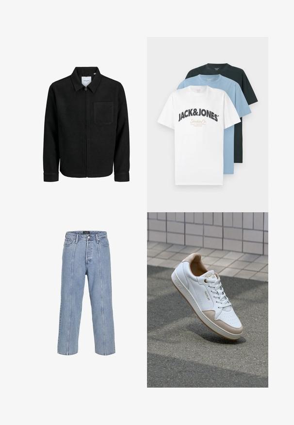 Giacca nera con zip, colletto e una tasca sul petto, mostrata su sfondo bianco.; Tre magliette a maniche corte a girocollo piegate in bianco con logo Jack & Jones, azzurro chiaro e nero, impilate su uno sfondo bianco.; Jeans in denim blu chiaro con una vestibilità ampia, gambe larghe e dettagli di cucitura visibili. Presenta una chiusura con bottone e zip, cinque tasche.; Sneaker bianche in pelle con dettagli in suede beige, lacci piatti, punta perforata e logo dorato sulla linguetta e sul lato.