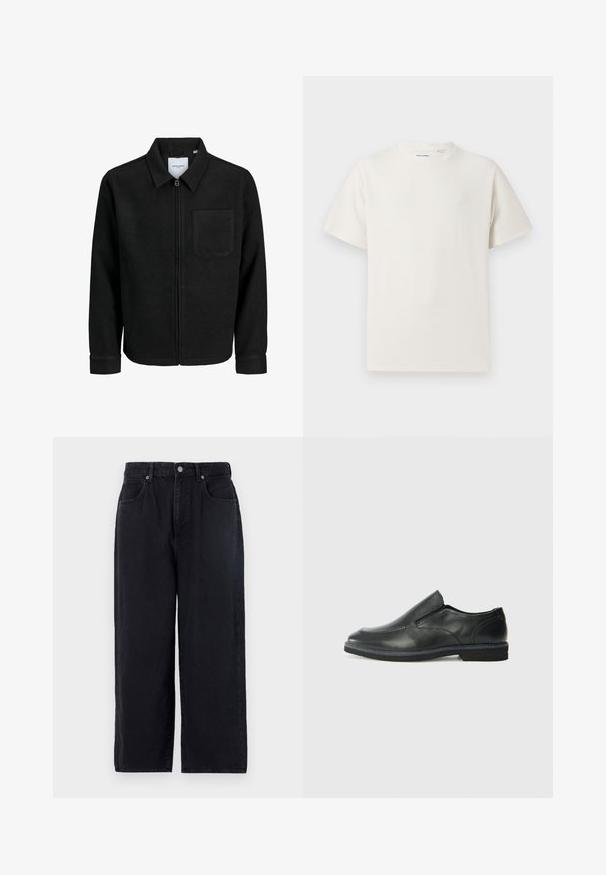 Czarna kurtka z zamkiem na całej długości, z kołnierzem i jedną kieszenią na piersi, umieszczona na białym tle.; Biała krótka koszulka z krótkim rękawem o żebrowanej fakturze. Okrągły dekolt, luźny krój, brak widocznych wzorów lub akcentów. Prosty i uniwersalny design.; Czarne dżinsy o prostym kroju, wyposażone w pięć kieszeni, z zapięciem na guzik i czystym wykończeniem. Trwały materiał o matowej teksturze.; Czarne skórzane buty wsuwane z gładką cholewką, przeszyciami, okrągłym noskiem i niskim gumowym obcasem. Podeszwa ma minimalny bieżnik.