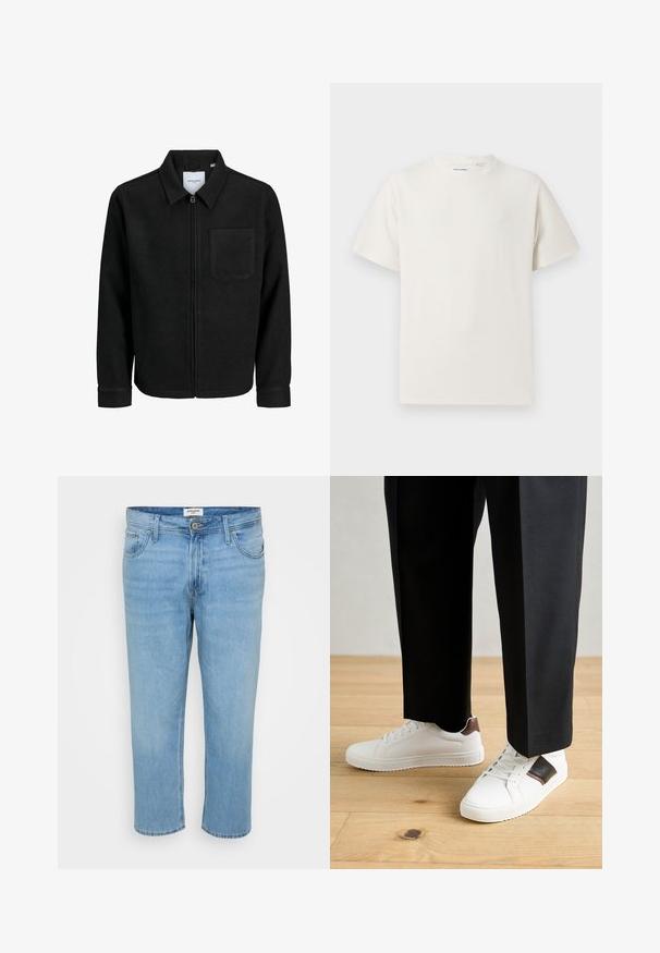 Mustaga lukuga jakker, millel on krae ja üks rinna-tasku, esitatud valgel taustal.; Valge lühikeste varrukatega T-särk ribakudumises. Ümar kaelus, mugav lõige, nähtavad mustrid ega aksessuaarid puuduvad. Lihtne ja mitmekesine disain.; Helehelesin helesinine teksapüksid, lõdva lõikega, viie tasku disainiga, nööbiga kinnitamine ning nähtavad õmblusdetailid.; Valged sneakersid siledat tekstuurist, millel on pruunad nahast detailid ja mustad aksessuaarid, millele on sobitatud mustad kohandatud püksid. Puitpõranda taust.