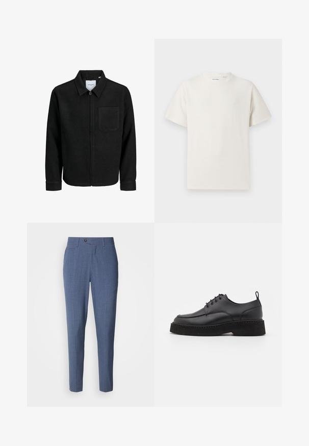 Černá zipová bunda s límečkem a jednou kapsou na hrudi, vystavená na bílém pozadí.; Bílý krátký rukáv tričko s pružnou strukturou. Kulatý výstřih, volný střih, bez viditelných vzorů nebo detailů. Jednoduchý a univerzální design.; Světle modré kalhoty s dobře padnoucím střihem, které mají hladký povrch, přední kapsy, knoflíkové zapínání a na přední straně jemný záhyb.; Černá kožená šněrovací obuv s kulatou špičkou, silnou černou platformou a dekorativním prošíváním podél okraje. Hladký povrch.