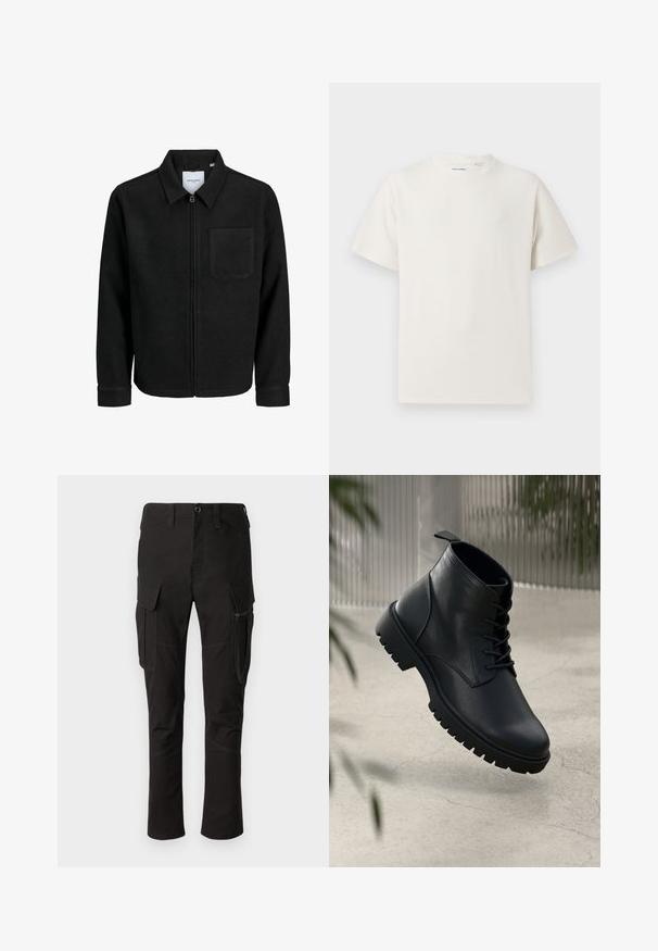 Svart zip-jacka med krage och en enda bröstficka, visad på vit bakgrund.; Vit t-shirt med kort ärm i ribbad struktur. Rund halsringning, löst sittande passform, inga synliga mönster eller detaljer. Enkelt och mångsidigt design.; Svarta cargobyxor med flera fickor, dragkedjeficka på sidan och förstärkta sömmar, med rak bendesign och slitstarkt tyg.; Svarta läderankelboots med rund tå, snörningsdesign och robust gummisula. Slät yta med dragflik bak.