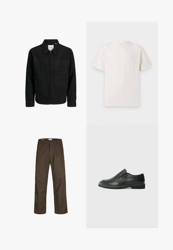 Giacca nera con zip, colletto e una tasca sul petto, mostrata su sfondo bianco.; T-shirt bianca a maniche corte in texture a coste. Girocollo, vestibilità rilassata, senza modelli o accenti visibili. Design semplice e versatile.; Chinos marroni scuri con design a gamba dritta, realizzati in tessuto resistente. Presentano una chiusura con bottone e tasche frontali. Texture liscia.; Scarpa nera in pelle con inserto scivolare, superiore liscio, dettagli cuciti, punta arrotondata e tacco in gomma basso. La suola presenta un battistrada minimale.