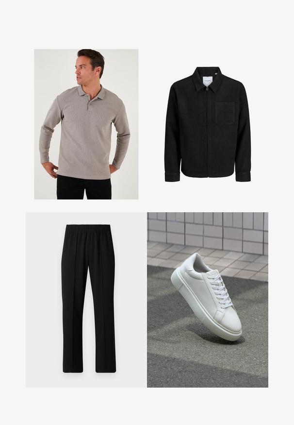 Zwarte zip-up jas met kraag en enkele borstzak, weergegeven op een witte achtergrond.; Grijze polo met lange mouwen, gemaakt van textuurstof, met een kraag en twee knopen, gecombineerd met zwarte broek.; Zwarte, elastische broek met rechte pijpen, met een gladde textuur en zonder zichtbare patronen of hardware.; Witte leren sneaker met een glad oppervlak, ronde neus en platte witte veters. Voorzien van een gestructureerde rubberen zool en minimale ontwerpelementen.