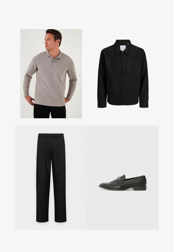 Mustaga lukuga jakker, millel on krae ja üks rinna-tasku, esitatud valgel taustal.; Pikkade varrukatega hall polo särk, mis on valmistatud tekstuursest kangast, millel on krae ja kaks nööpi, koos mustade pükstega.; Mustad mustadest riietest, millel on sirge jalgade disain, kaks eesmist voltimist ja tavaline vöökoht, millel on vöökohad.; Must haveate nahkking punased, millel on sile viimistlus, tikitud muster ja dekoratiivne metallkett vampi üle. Tasane konts.