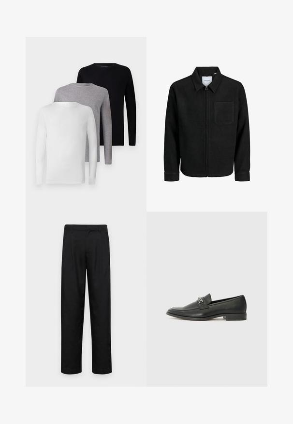 Sort lynlåsjakke med krave og en enkelt brystlomme, vist på hvid baggrund.; Sæt af fem langærmede T-shirts: sort, hvid, grå. Fremstillet af bomuld og med runde halsudskæringer og enkle designs, uden pynt.; Sorte bukser lavet af glat stof, med et lige ben-design, to frontfolder og en standard talje med bæltestropper.; Sorte læder loafers med en glat finish, der har et syet design og et dekorativt metal kædeaccent hen over vamps. Flad hæl.