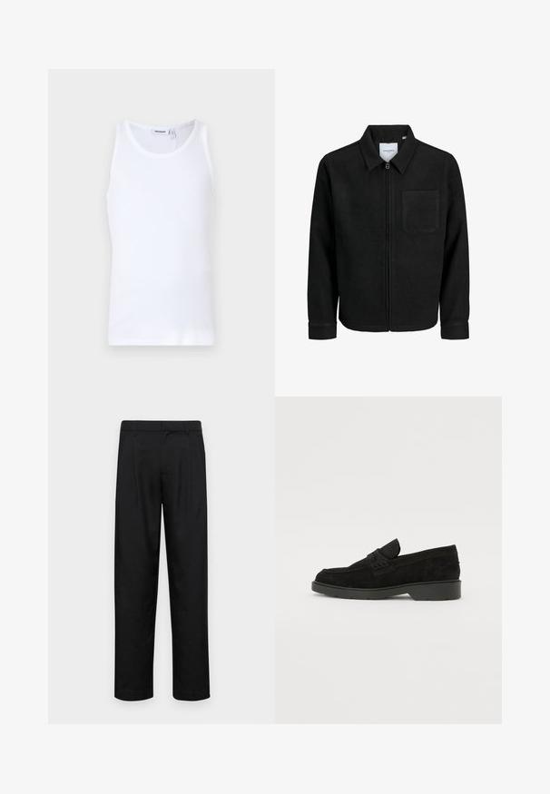 Mustaga lukuga jakker, millel on krae ja üks rinna-tasku, esitatud valgel taustal.; Valge puuvillane top, millel on ümar kaelus ja laiad rihmad. Sile tekstuur, mustreid pole, puhas disain ja brändi silt kaeluses.; Mustad mustadest riietest, millel on sirge jalgade disain, kaks eesmist voltimist ja tavaline vöökoht, millel on vöökohad.; Mustad sametist loafers madala kontsaga, millel on lihtne riba ülaservas ja tekstuuritud detailid külgedel.