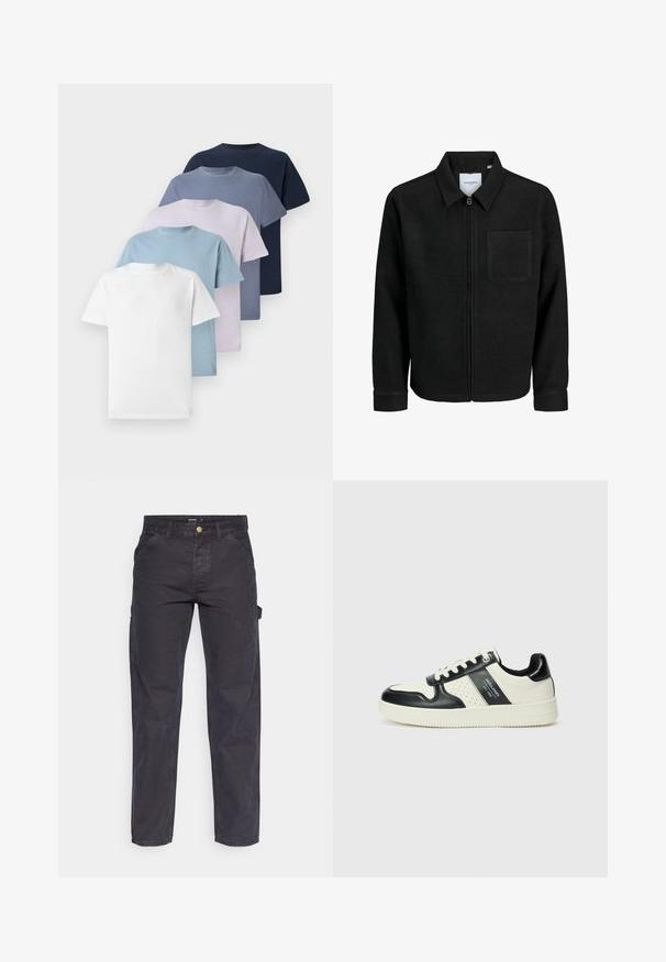 Zwarte zip-up jas met kraag en enkele borstzak, weergegeven op een witte achtergrond.; Vijf crew-neck t-shirts in verschillende kleuren: wit, lichtblauw, lichtpaars, donkerblauw en marineblauw. Gemaakt van katoen met korte mouwen.; Donkergrijze cargobroek van duurzaam materiaal, met een rechte pijp, vijf zakken en een knoopsluiting in de taille.; Leren sneakers met een zwart en crèmekleurig kleurenschema, voorzien van geperforeerde accenten, een gevoerde kraag en een gestructureerde buitenzool.