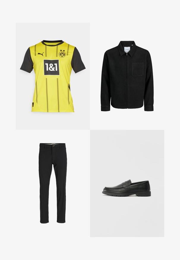 Fekete, zipzáros dzseki gallérral és egyetlen mellzsebbel, fehér háttéren.; Sárga és fekete, rövid ujjú sportmez függőleges csíkokkal, logóval, 1&1-es számmal egy dobozban, és Puma márkázással a vállon.; Fekete pamut keverék nadrág, slim fit szabással, gombos záródással, zsebekkel és felgöngyölt szárakkal a laza végeredményért.; Fekete bőr mokaszinok sima felülettel, a mokaszin stílusú felsőrésszel, varrott részletezéssel és gumitalppal. Klasszikus dizájn alacsony sarokkal.
