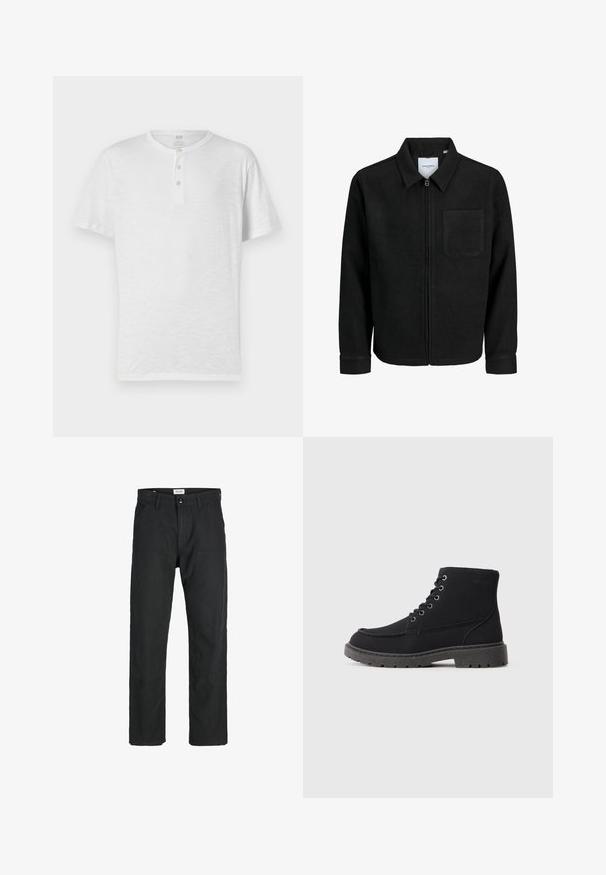 Schwarze Zip-Jacke mit Kragen und einer einzelnen Brusttasche, auf weißem Hintergrund präsentiert.; Weißes kurzärmliges Henley-T-Shirt mit einer Drei-Knopf-Leiste, aus leichtem, leicht strukturiertem Stoff. Rundhalsausschnitt, lässige Passform.; Schwarze Hosen aus strapazierfähigem Stoff, mit geradem Bein, genähten Akzenten und zwei vorderen Taschen für Funktionalität.; Schwarze Knöchelstiefel aus strukturiertem Material mit flacher Sohle, runder Zehenform und Schnürung mit sechs Ösen. Verstärkte Nähte entlang des Randes.