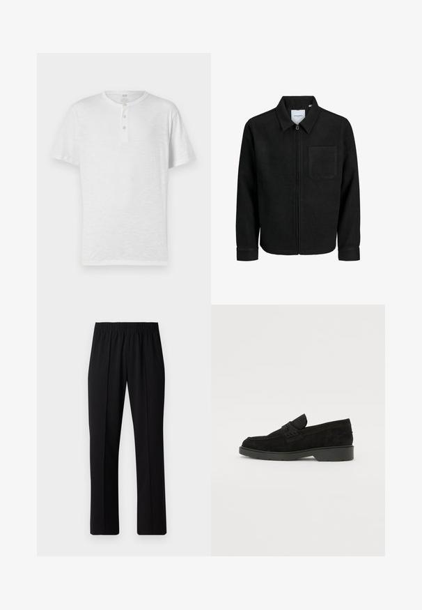 Chaqueta negra con cremallera y cuello, con un solo bolsillo en el pecho, expuesta sobre un fondo blanco.; Camiseta henley blanca de manga corta con botón de tres, hecha de un tejido ligero y ligeramente texturizado. Cuello redondo, ajuste casual.; Pantalones negros con cintura elástica y diseño de pierna recta, con una textura suave y sin patrones o herrajes visibles.; Mocasines de ante negro con un tacón bajo, que presentan una banda simple en la parte superior y detalles texturizados a lo largo de los lados.