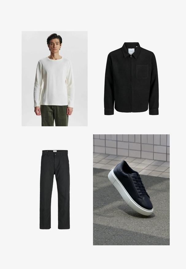 Čierna zipsová bunda s golierom a jednou náprsníkou, vystavená na bielom pozadí.; Biely dlhý rukáv ribbed top s okrúhlym výstrihom, s textúrovaným vzorom a priliehavými rukávmi, skombinovaný s olivovozelenými nohavicami.; Čierne nohavice vyrobené z odolného materiálu, s rovnými nohavicami, prešitými detailmi a dvoma prednými vreckami pre väčšiu funkčnosť.; Čierne kožené tenisky s okrúhlou špičkou a bielou gumovou podrážkou. Majú ploché šnúrky a minimálne šitie na vrchu. Textúrovaná podrážka pre lepšiu priľnavosť.