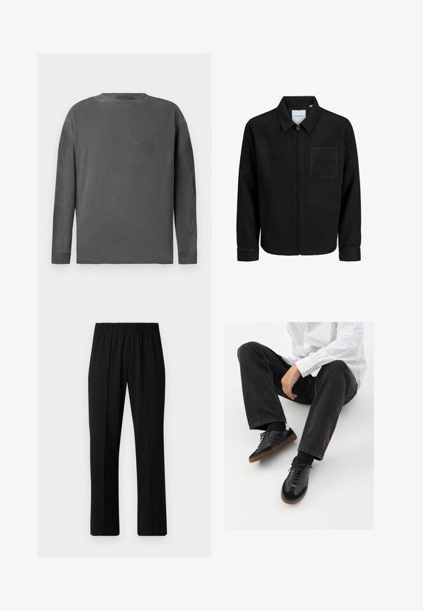 Mustaga lukuga jakker, millel on krae ja üks rinna-tasku, esitatud valgel taustal.; Hallide hallastee T-särk, mis on valmistatud puuvilla segust, ümar kaelus, peene logoga ja abstraktsed disainid varrukatel; pehme tekstuur.; Mustad, elastse puusärgid sirge säärega, mis on sileda tekstuuriga ja ilma nähtavate mustrite või riistadega.; Mustad spordijalatsid siledast ja tekstuurilisest ülemisest osast, millel on kummist tald ja tumedad nöörid. Kombineeritud mustade teksade ja valge triibulise särgiga.