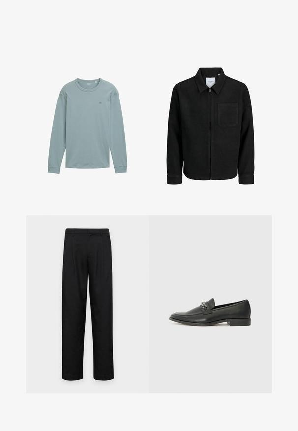 Musta vetoketjullinen takki, jossa on kaulus ja yksi rintatasku, esitelty valkoista taustaa vasten.; Pitkähihaisen paidan pehmeä, vaaleansininen kangas. Ominaisuuksiin kuuluu pyöreä kaula-aukko, taitetut hihansuut ja pieni logo rinnassa. Sujuva pinta.; Mustat housut, jotka on valmistettu sileästä kankaasta, suoran lahkeen muotoilulla, kahdella etupleekillä ja tavanomaisella vyötäröllä, jossa on vyölenkit.; Musta nahkakengät, joissa on sileä pinta, koristeelliset ompeleet ja metalliketjun yksityiskohta kengän päällä. Littee korko.