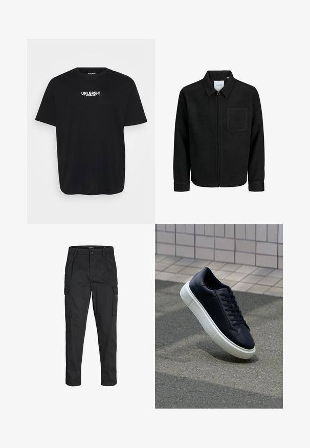 Schwarze Zip-Jacke mit Kragen und einer einzelnen Brusttasche, auf weißem Hintergrund präsentiert.; Schwarzes Baumwoll-T-Shirt mit Rundhalsausschnitt, kurzen Ärmeln und einem weißen Frontdesign mit dem Text "ENTFESSEL DEINEN INNEREN TIGER."; Schwarze Cargo-Hose aus robustem Material, mit mehreren Taschen, einem Knopfverschluss und einem Slim-Fit-Design mit schmal zulaufenden Beinen.; Schwarze Leder-Sneaker mit runder Zehenpartie und weißer Gummisohle. Verfügt über flache Schnürsenkel und minimale Nähte im Obermaterial. Strukturiertes Sohlenprofil für besseren Halt.