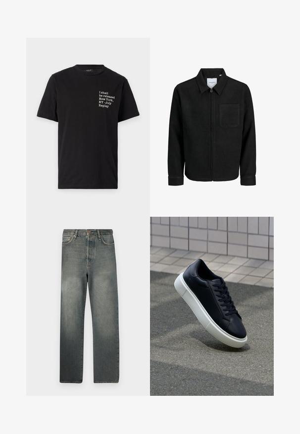 Juodas džemperis su užtrauktuku, apykakle ir vienu krūtiniu kišenėje, pristatytas baltame fone.; Juodasis purškiamas medvilninis marškinėliai su balta užrašu: "Aš būsiu išleistas Niujorke, NY - Liepos pakartojimas," apvalus iškirpimas, trumpomis rankovėmis.; Jack & Jones JJIALEX JJCOOPER - Platūs džinsai - black denim; Juodas odinis sportbačius su apvaliu pirštu ir baltu gumuotu padu. Turi plokščias raišteles ir minimalų siuvimą viršuje. Padangos tekstūra užtikrina sukibimą.