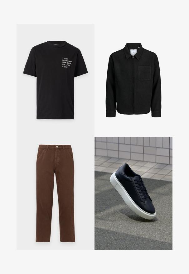 Sort lynlåsjakke med krave og en enkelt brystlomme, vist på hvid baggrund.; Sort bomulds T-shirt med hvid tekst: "Jeg skal frigives New York, NY - Juli Replay," rund halsudskæring, korte ærmer.; Brune bomuldsbukser med lige ben, forlommer og en metallisk lukning. Har en glat tekstur og et minimalistisk design.; Sort lædersneaker med rund tå og hvid gummisål. Har flade snørebånd og minimal syning på overdelen. Tekstureret sål for bedre greb.