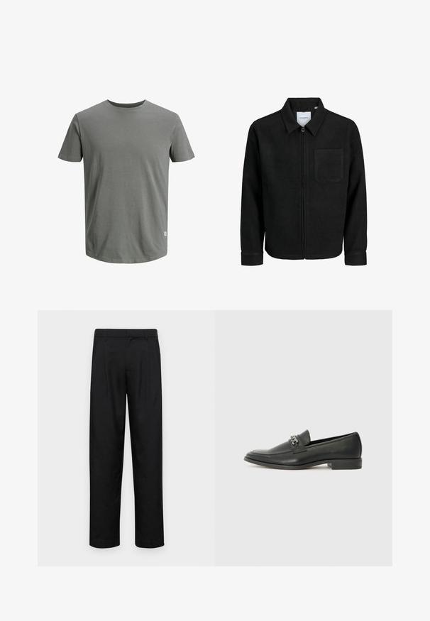 Zwarte zip-up jas met kraag en enkele borstzak, weergegeven op een witte achtergrond.; Jack & Jones JJENOA TEE CREW NECK - T-shirt basic - sedona sage; Zwarte broeken van gladde stof, met een recht model, twee voorknikken en een standaard tailleband met riemlussen.; Zwarte leren instapper met een gladde afwerking, voorzien van een gestikt ontwerp en een decoratieve metalen kettingaccent over de wreef. Platte hak.