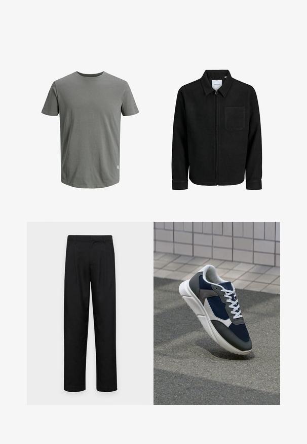 Giacca nera con zip, colletto e una tasca sul petto, mostrata su sfondo bianco.; Jack & Jones JJENOA TEE CREW NECK - T-shirt basic - sedona sage; Pantaloni neri realizzati in tessuto liscio, caratterizzati da un taglio dritto, due pieghe frontali e una vita standard con passanti per la cintura.; Sneaker con tomaia in rete blu navy, inserti in suede grigio, suola in gomma bianca e lacci bianchi piatti, progettata per comfort e traspirabilità.