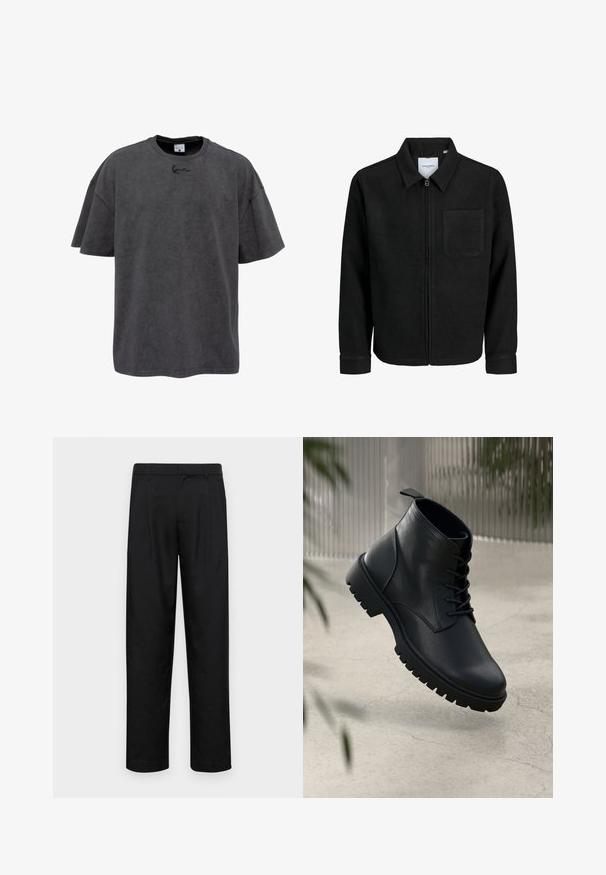 Czarna kurtka z zamkiem na całej długości, z kołnierzem i jedną kieszenią na piersi, umieszczona na białym tle.; Szara, oversize'owa koszulka z bawełny z dodatkami, z okrągłym dekoltem i krótkimi rękawami. Posiada subtelną, wyhaftowaną grafikę na klatce piersiowej.; Czarne spodnie wykonane z gładkiego materiału, z prostą nogawką, dwoma fałdami z przodu oraz standardowym paskiem z wypustkami na pasek.; Czarne skórzane botki na kostkę z okrągłym noskiem, sznurowanym zapięciem i solidną gumową podeszwą. Gładka struktura z pętelką z tyłu.