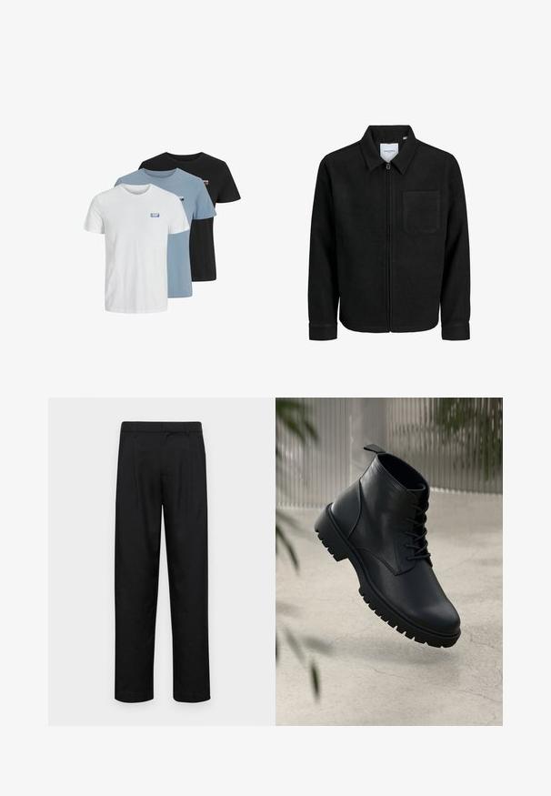 Black zip-up jacket with collar and single chest pocket, displayed on white background.; Three short-sleeve t-shirts in white, light blue, and black, made of cotton. Each features a small logo on the left chest area.; Black trousers made of smooth fabric, featuring a straight-leg design, two front pleats, and standard waistband with belt loops.; Black leather ankle boots with a rounded toe, lace-up design, and rugged rubber sole. Smooth texture with a pull tab at the back.