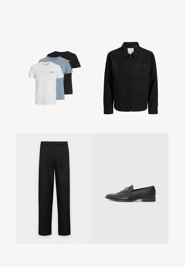 Giacca nera con zip, colletto e una tasca sul petto, mostrata su sfondo bianco.; Tre magliette a manica corta in bianco, azzurro chiaro e nero, realizzate in cotone. Ognuna presenta un piccolo logo sulla parte sinistra del petto.; Pantaloni neri realizzati in tessuto liscio, caratterizzati da un taglio dritto, due pieghe frontali e una vita standard con passanti per la cintura.; Mocassino in pelle nera con finitura liscia, caratterizzato da un design cucito e da un accento decorativo in catena metallica sul vamp. Tacco piatto.