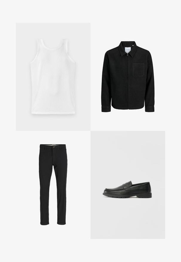 Black zip-up jacket with collar and single chest pocket, displayed on white background.; White ribbed tank top with a rounded neckline, no sleeves, and a fitted design. Fabric shows a subtle vertical pattern.; Black cotton blend pants with a slim fit, featuring a button closure, pockets, and rolled cuffs for a casual finish.; Black leather loafers with a smooth finish, moccasin-style upper, stitched detailing, and a rubber sole. Classic design with a low heel.