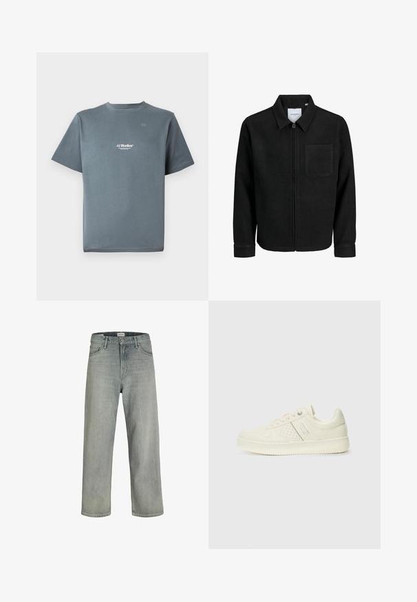 Sort lynlåsjakke med krave og en enkelt brystlomme, vist på hvid baggrund.; Grå bomulds T-shirt med rund halsudskæring, korte ærmer og et lille hvidt "JJ Studios" logo på brystet. Glat tekstur og afslappet pasform.; Lysegrå, løstsiddende jeans lavet af denim. Har et klassisk fem-lomme design, bæltestropper og en lige ben silhuet.; Cremefarvet sneaker med perforeret detaljering, snørebånd og logo på siden, præsenteret mod en simpel hvid baggrund.