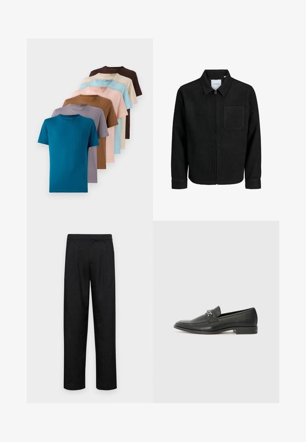 Sort lynlåsjakke med krave og en enkelt brystlomme, vist på hvid baggrund.; Sæt af otte rundhalsede t-shirts i forskellige farver: teal, brun, beige, lyseblå, lyserød, grå og lavendel, lavet af glat stof.; Sorte bukser lavet af glat stof, med et lige ben-design, to frontfolder og en standard talje med bæltestropper.; Sorte læder loafers med en glat finish, der har et syet design og et dekorativt metal kædeaccent hen over vamps. Flad hæl.