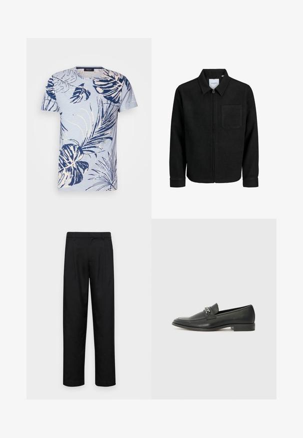 Giacca nera con zip, colletto e una tasca sul petto, mostrata su sfondo bianco.; T-shirt azzurro chiaro a maniche corte con stampa di foglie tropicali in bianco e navy. Collo a giro, texture morbida, vestibilità comoda e senza hardware visibile.; Pantaloni neri realizzati in tessuto liscio, caratterizzati da un taglio dritto, due pieghe frontali e una vita standard con passanti per la cintura.; Mocassino in pelle nera con finitura liscia, caratterizzato da un design cucito e da un accento decorativo in catena metallica sul vamp. Tacco piatto.