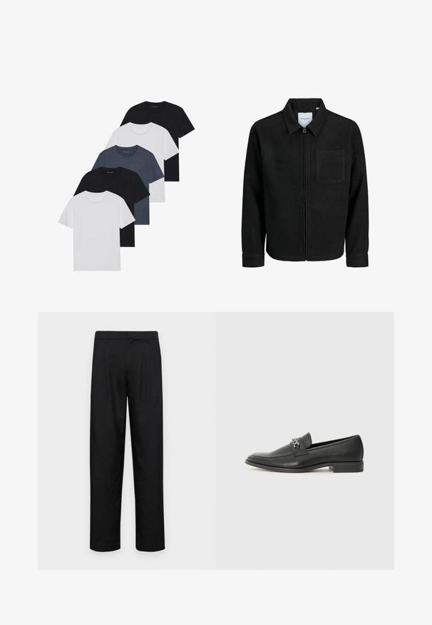 Čierna zipsová bunda s golierom a jednou náprsníkou, vystavená na bielom pozadí.; Sada piatich tričiek v čiernej, bielej a námorníckej modrej farbe. Bavlnený materiál, krátke rukávy, dizajn s okrúhlym výstrihom a hladká textúra bez vzorov.; Čierne nohavice vyrobené z hladkej tkaniny, s rovnými nohavicami, dvoma prednými skladmi a štandardným pásom s pútkami na opasok.; Čierne kožené loafers s hladkým povrchom, s prešitým dizajnom a dekoratívnym kovovým reťazovým akcentom cez priehlavok. Plochý podpätok.