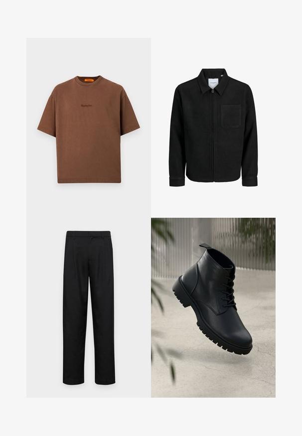 Čierna zipsová bunda s golierom a jednou náprsníkou, vystavená na bielom pozadí.; Hnedé bavlnené tričko s voľným strihom, kulatým výstrihom a malým vyšitým logom vpredu. Krátke rukávy, minimalistický dizajn.; Čierne nohavice vyrobené z hladkej tkaniny, s rovnými nohavicami, dvoma prednými skladmi a štandardným pásom s pútkami na opasok.; Čierne kožené členkové topánky s okrúhlou špicou, šnurovací dizajn a robustná gumová podrážka. Hladký povrch s pútkom na zadnej strane.